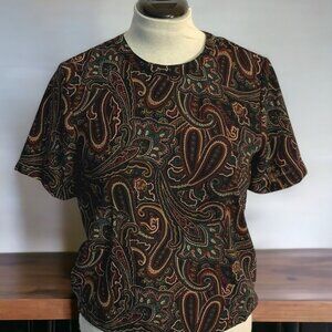 Liz Baker Essentials Blouse Womens Petite Medium Paisley Brown Top Short Sleeve